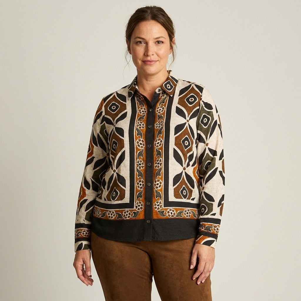 Blusa Camel Manga Larga Con Estampado Geométrico Floral